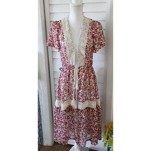 Ember women's short sleeve rose crochet waist-tie duster‎ cover-up S